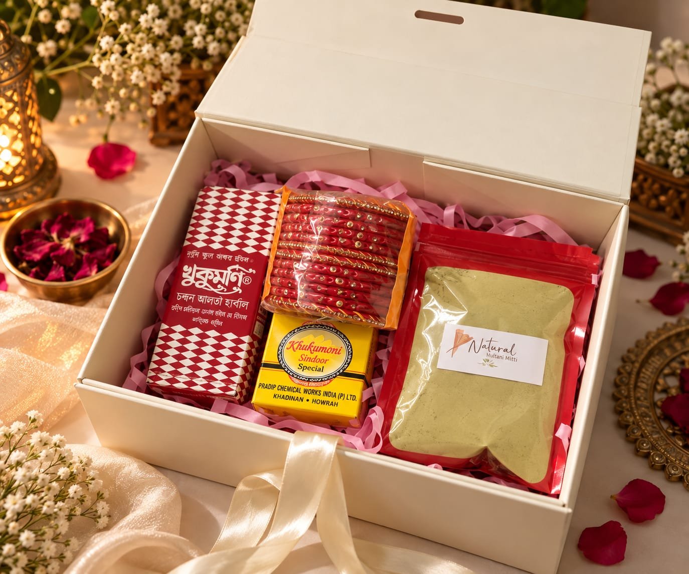 Shringarika box open, showing the curated pieces